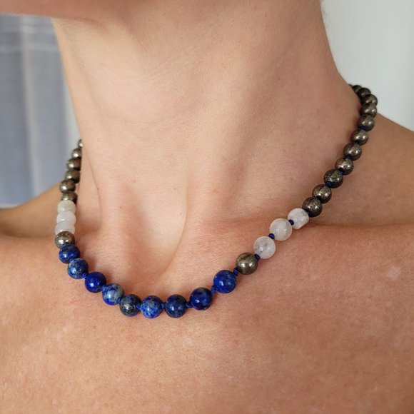 Rocktula Jewelry - Choker Gemstone Necklace Moonstone Lapis Lazuli Pyrite Knotted Silk Rocktula NWT